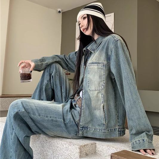 ジップアップ デニム セットアップ ジャケットパンツ レディース 韓国 ファッション 上下セット ジップジャケット ワイドデニムパンツ