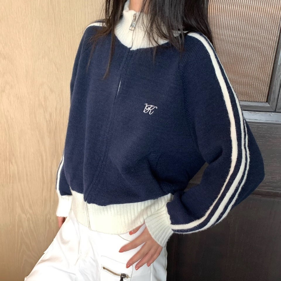 ニット ジャケット レディース 韓国 ファッション スポーティー ハイネック バイカラー ジップアップ トラックジャケット