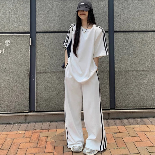セットアップ レディース 韓国 ファッション サイドライン Tシャツ ワイドパンツ スポーティー 上下セット