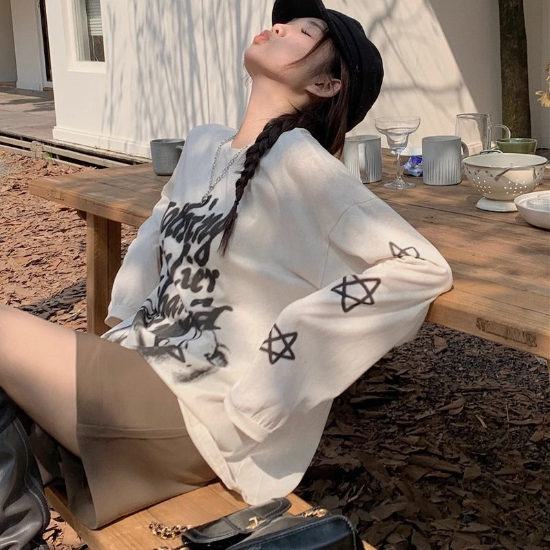 グラフィック ロングTシャツ セットアップ レディース 韓国 ファッション Tシャツ ショートパンツ コーディネートセット 星 スター 長袖 ロンT メッセージロゴ フレアパンツ ハーフパンツ