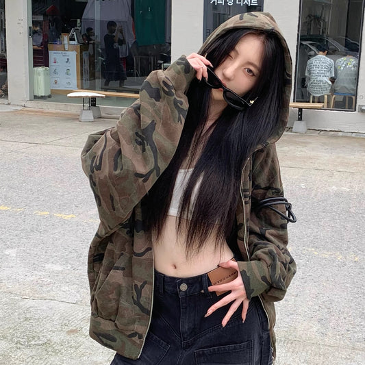 迷彩 ジップ パーカー レディース 韓国 ファッション カモフラ ジップアップ オーバーサイズ フスウェット ーディー