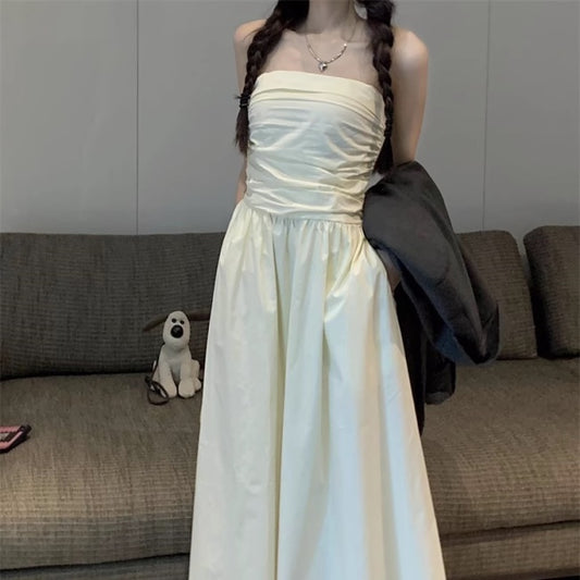 ノースリーブ ロングワンピース 韓国 チューブトップ ワンピース フレア 背中見せ 上品ワンピ