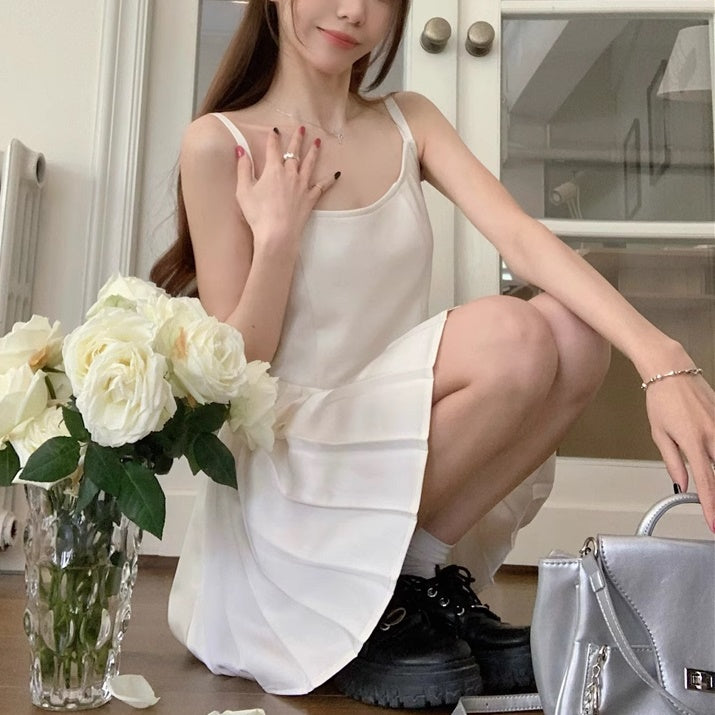 キャミワンピース レディース 韓国 ファッション プリーツ ミニワンピース ストラップ ノースリーブ 夏ワンピ