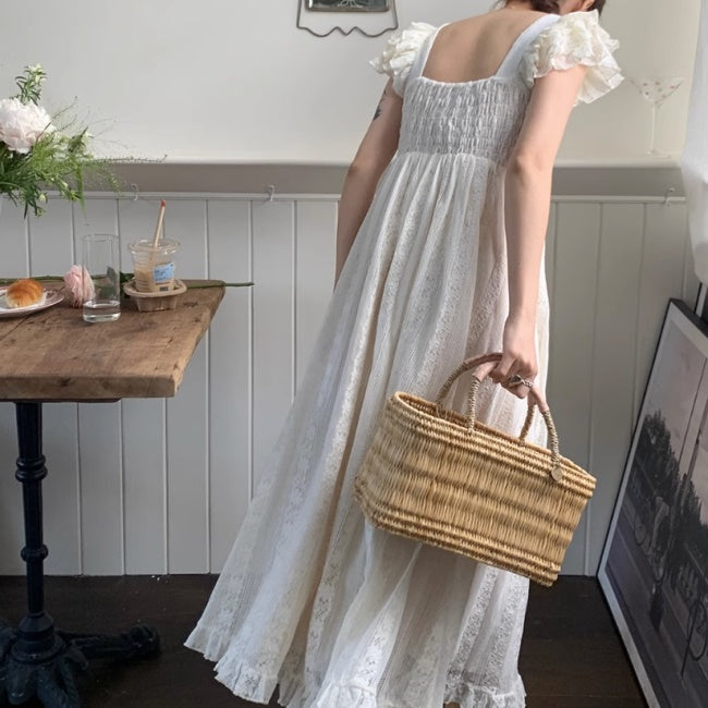 レース ワンピース 夏 レディース 韓国 ファッション フリルショルダー ノースリーブ 夏ワンピ カントリー ナチュラル フェミニン 背中見せ 白ワンピース