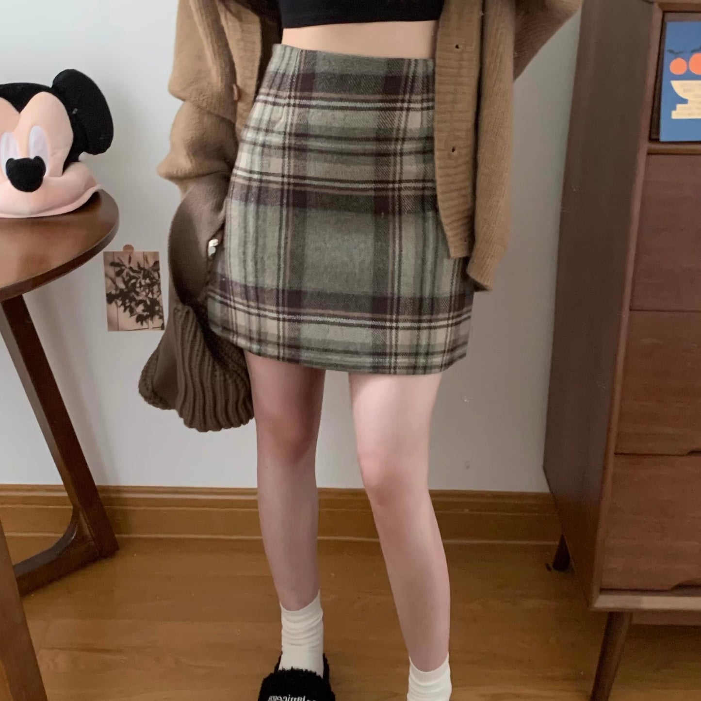 チェック ミニスカート 冬 レディース 韓国 ファッション 起毛素材 ミニマム タイト ミニスカ