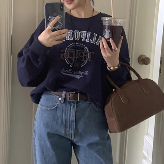 トレーナー レディース 韓国 ロゴ プリント オーバーサイズ クロップド丈 スウェット シャツ 秋 服 ファッション