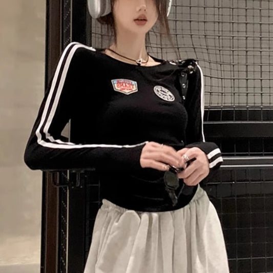 クロップド ロングTシャツ レディース 韓国 ファッション 袖 ライン チビT 長袖 ロゴ ラインT ストレッチ タイトフィット ミニマム