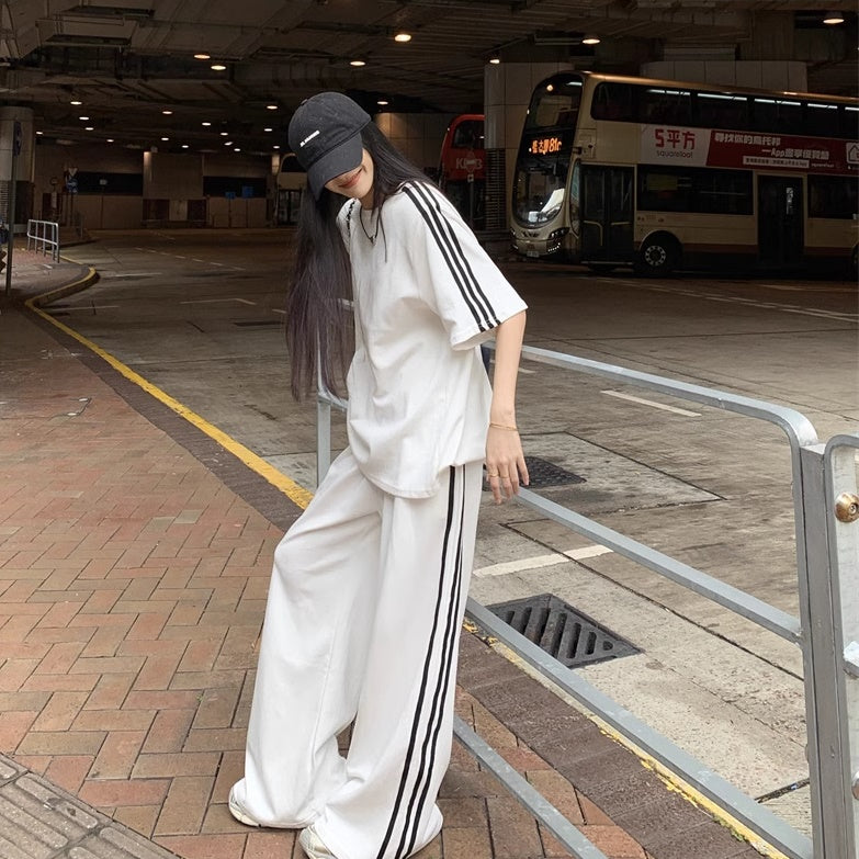 セットアップ レディース 韓国 ファッション サイドライン Tシャツ ワイドパンツ スポーティー 上下セット