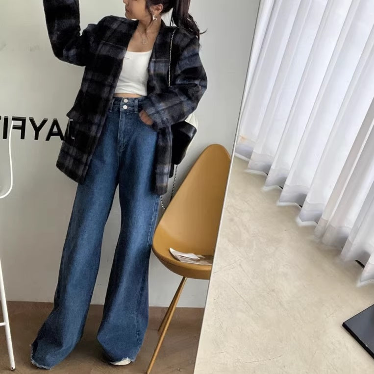 ワイド デニムパンツ ワイド レディース 韓国 ファッション フレア ハイウエスト ジーンズ 脚長効果 インディゴ ブラック デニム