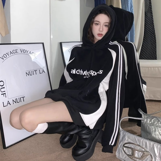 スポーティ パーカー レディース 韓国 ファッション プルオーバー ロゴ ライン 裏起毛 フーディ トップス オーバーサイズ