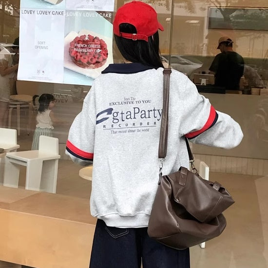 ポロ襟 レトロ スウェット トレーナー レディース 韓国 ファッション カラー ライン オーバーサイズ スキッパー スウェットシャツ