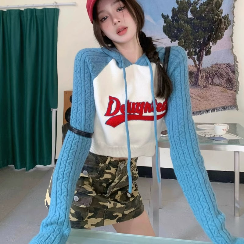 ニット パーカー レディース 韓国 ファッション 切替 バイカラー ロゴ フードニット ガーリー かわいい