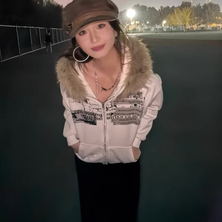 ファーフード パーカー レディース 韓国 ファッション スウェット ロゴプリント ゴシック ストリート フーディー