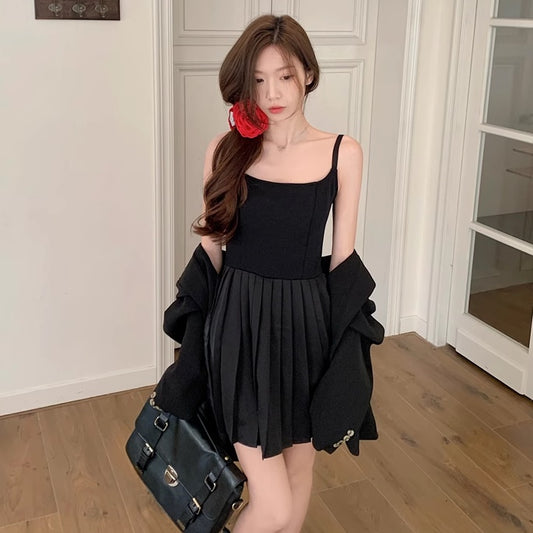 キャミワンピース レディース 韓国 ファッション プリーツ ミニワンピース ストラップ ノースリーブ 夏ワンピ
