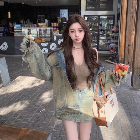 モノグラム デニム セットアップ レディース 韓国 ファッション ヴィンテージ デニムジャケット ミニスカート 上下セット