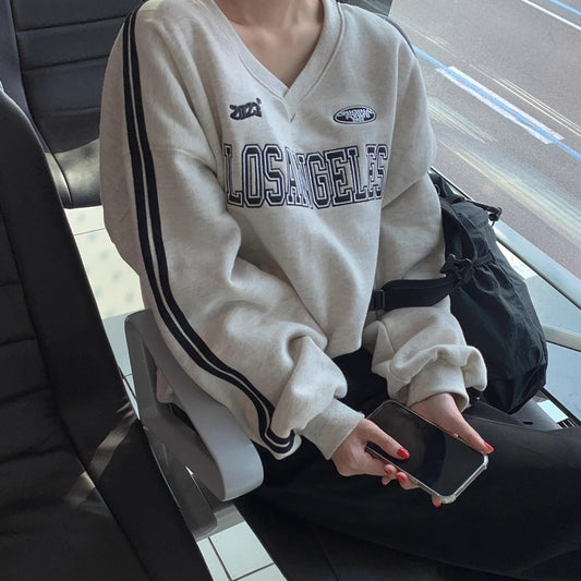 トレーナー レディース 韓国 ファッション Vネック カレッジ Vネック ロゴ 袖ライン スウェット 冬トップス 裏起毛