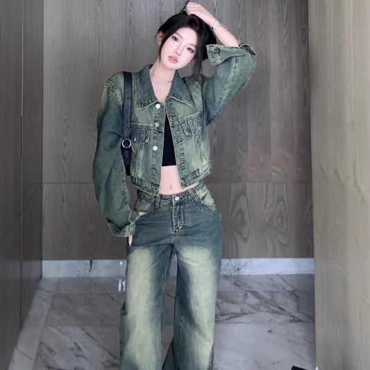 デニム セットアップ レディース 韓国 ファッション ヴィンテージ ダメージ加工 デニム オン デニム 上下セット