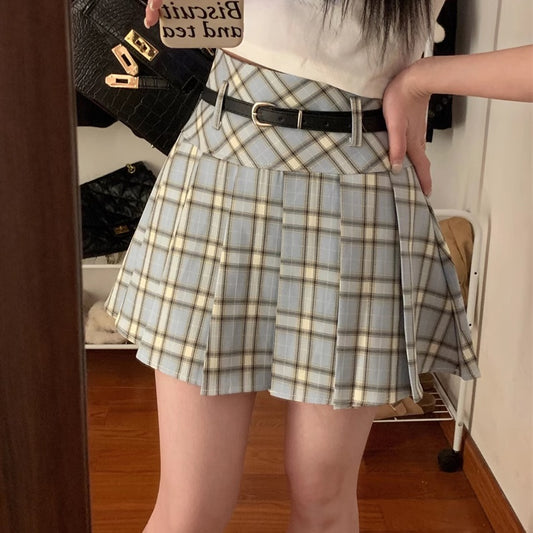 チェック ミニスカート レディース 韓国 ファッション ベルト付 プリーツ 英国チェック ミニスカ