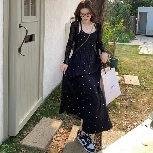 ドット ワンピース カットアウト バックシャン 韓国 ファッション フレア ロングワンピース 夏