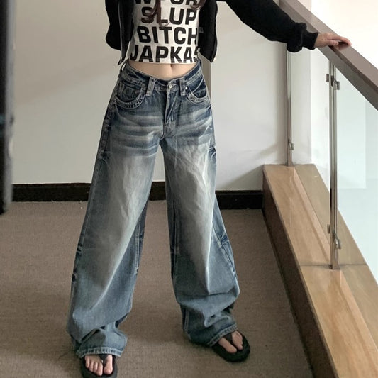 ヴィンテージ加工 デニムパンツ レディース 韓国 ファッション ダメージ ワイドデニムパンツ ジーンズ