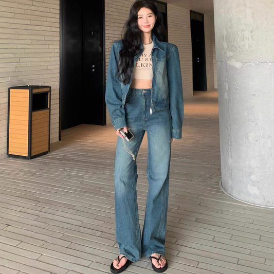 デニム セットアップ レディース 韓国 ファッション ジップアップ デニムジャケット レギュラーフィット デニムパンツ 上下セット デニムオンデニム