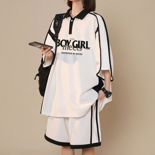 半袖 ジャージ セットアップ レディース 韓国 ポロシャツ ハーフパンツ 上下セット ロゴ ビッグシルエット スポーツウェア