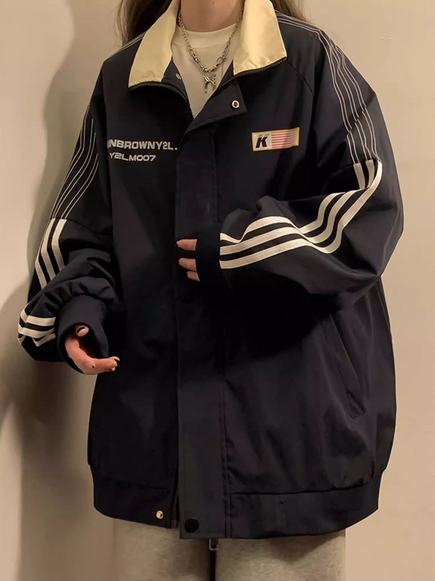 ライン ナイロン ジャケット レディース 韓国 ファッション バックプリント ロゴ ブルゾン
