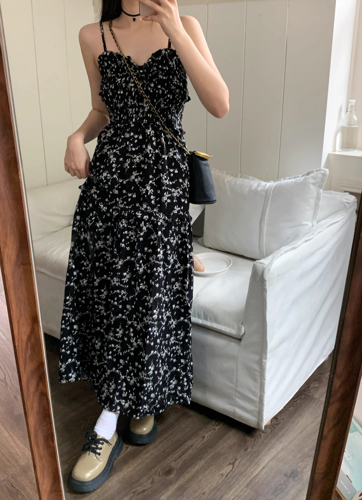 花柄 キャミ ロングワンピース レディース 韓国 ファッション シャーリング スリット ロング キャミワンピース