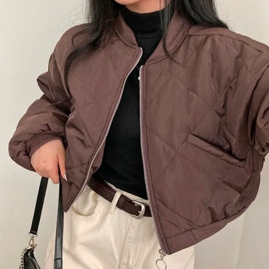 キルティング ブルゾン レディース 韓国 ファッション クロップド ワイドシルエット ノーカラー ジャケット