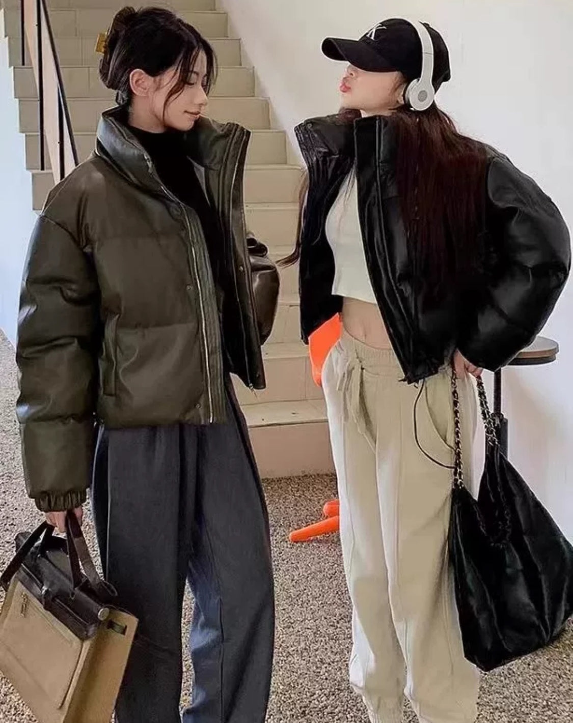 エコ レザーダウンジャケット クロップド レディース 韓国 ファッション ショート丈 PUレザー 中綿 ボリューム ジャケット