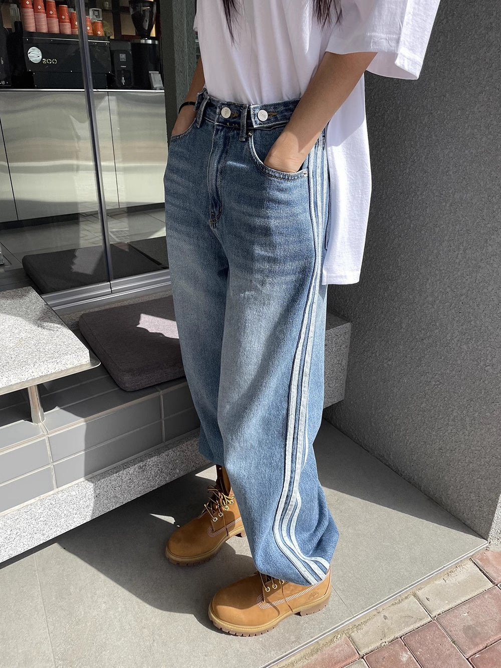 サイドライン デニムパンツ レディース 韓国 ファッション 裾ゴム スポーツミックス デニム ワイドパンツ