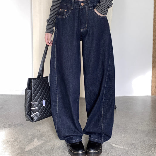 ワイド デニムパンツ レディース 韓国 ファッション 秋冬 ネイビー 立体カット 美シルエット デニム ワイドパンツ ジーンズ