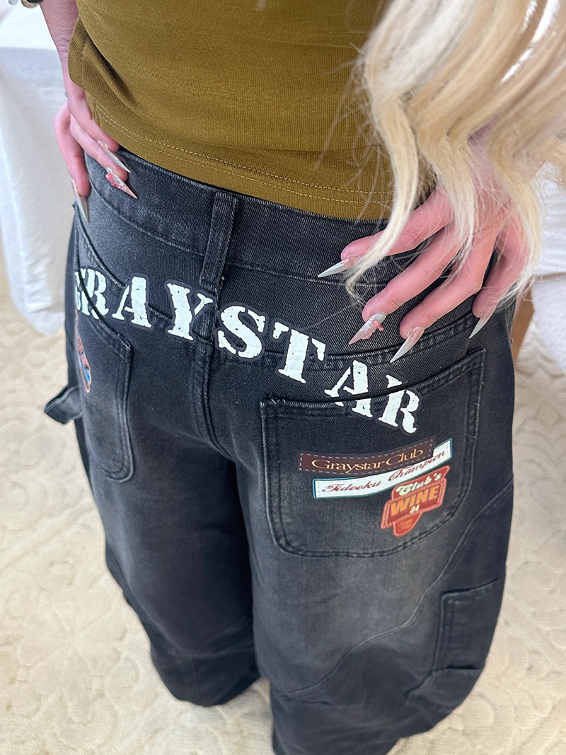 バック ロゴ デニムパンツ レディース ペインター ワイド デニム 韓国 ファッション ユーズド加工 ジーンズ