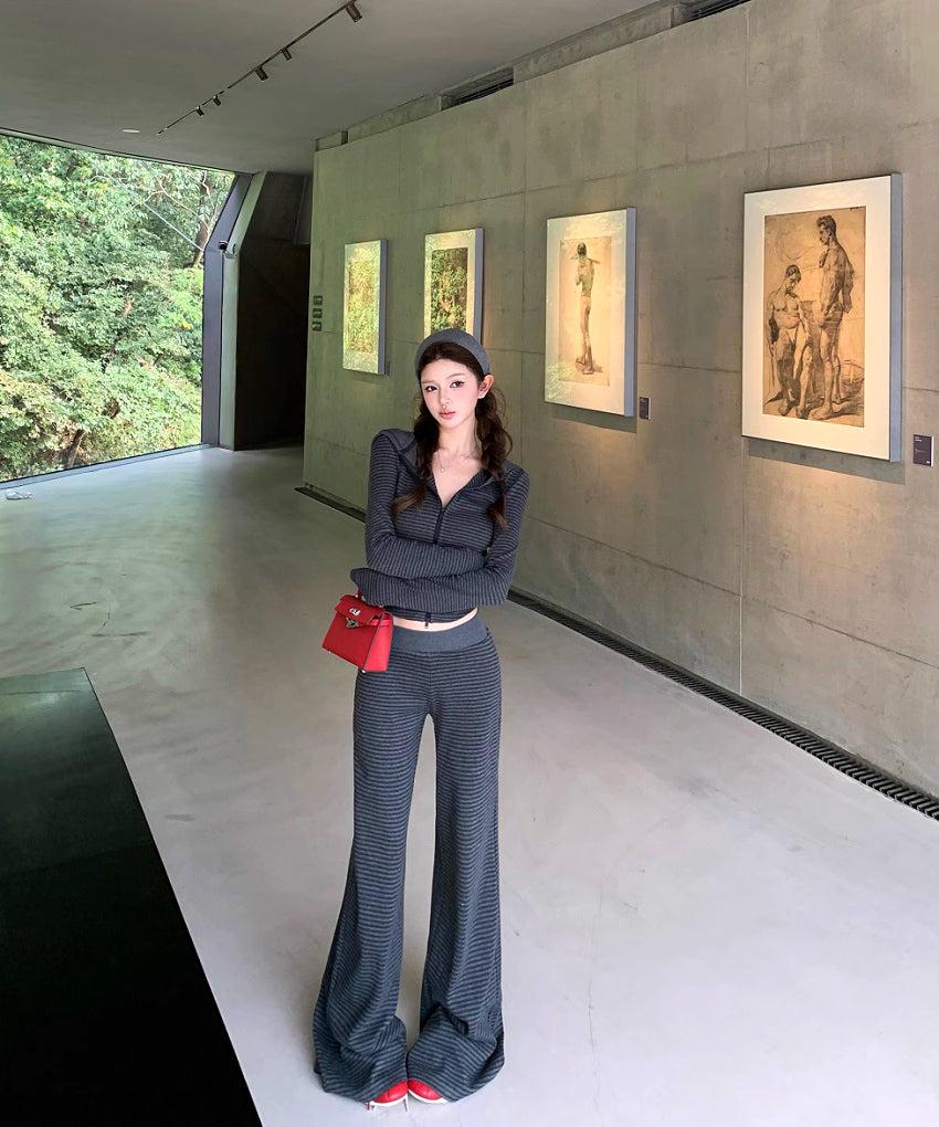 ボーダー ジップパーカー セットアップ レディース リラックス ストレッチ クロップド パーカー ワイドパンツ スウェット 上下セット