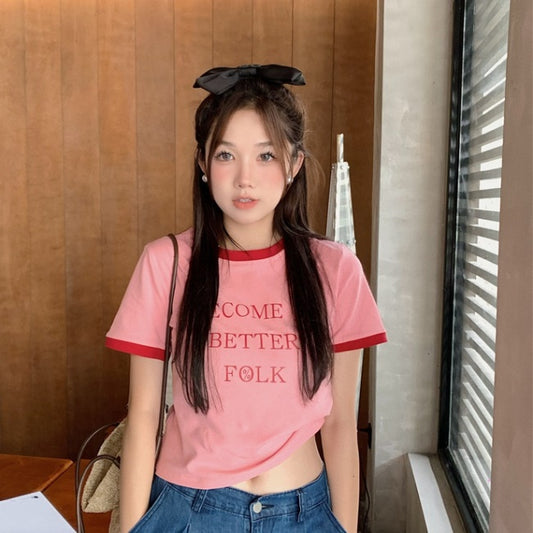 リンガー Tシャツ レディース 韓国 ファッション レター ロゴ プリント 夏トップス