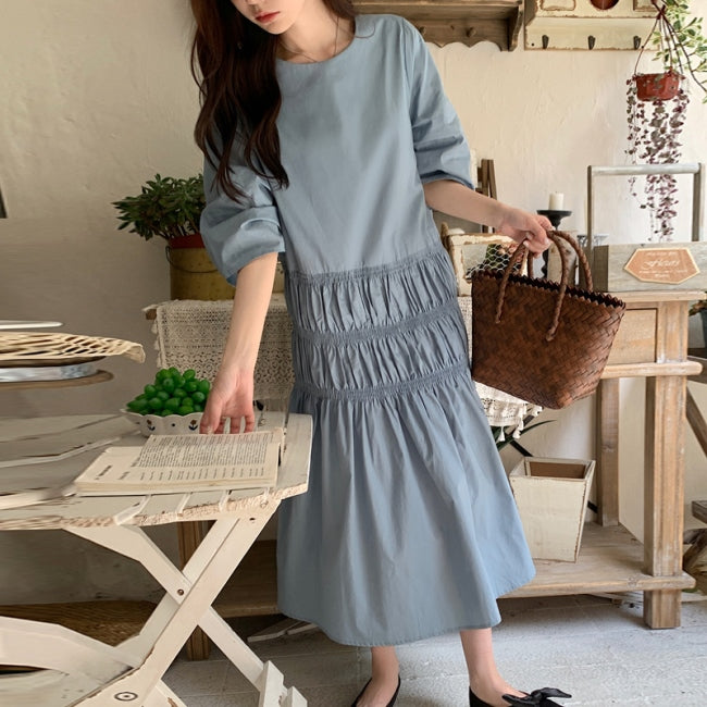 テヒアード ワンピース 韓国 ファッション レディース 5分袖 ゆったり ロングワンピース