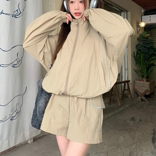 セットアップ レディース 韓国 シャカシャカ ナイロン ジャケット ハーフパンツ 上下セット スポーツウェア