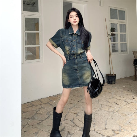 デニム セットアップ レディース 韓国 デニムオンデニム 半袖 ジャケット デニムミニスカート 上下セット ユーズド加工