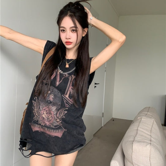 グラフィック ノースリーブ タンクトップ レディース 韓国 ファッション チェーンパーツ ダメージ加工 オーバーサイズ ノースリーブ T
