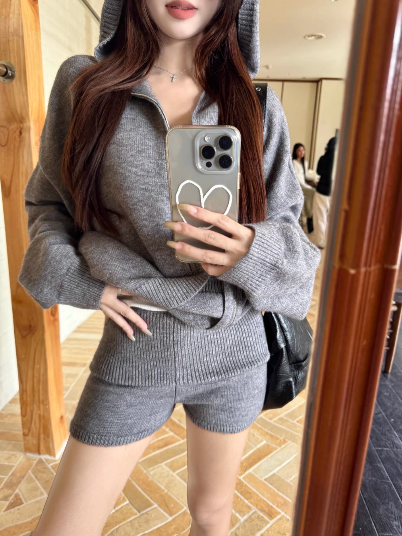 ニット パーカー セットアップ レディース ニット ショートパンツ 上下セット ゆったりフード付き カーディガン & ニットショートパンツ 2点セット