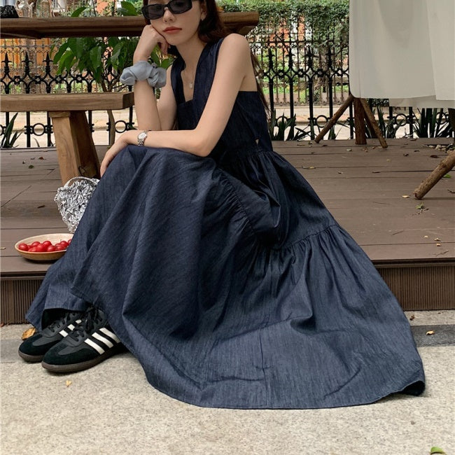 デニム ロングワンピース 韓国 ファッション レディース 夏ワンピ ノースリーブ 切り替え ロングマキシ デニムワンピ