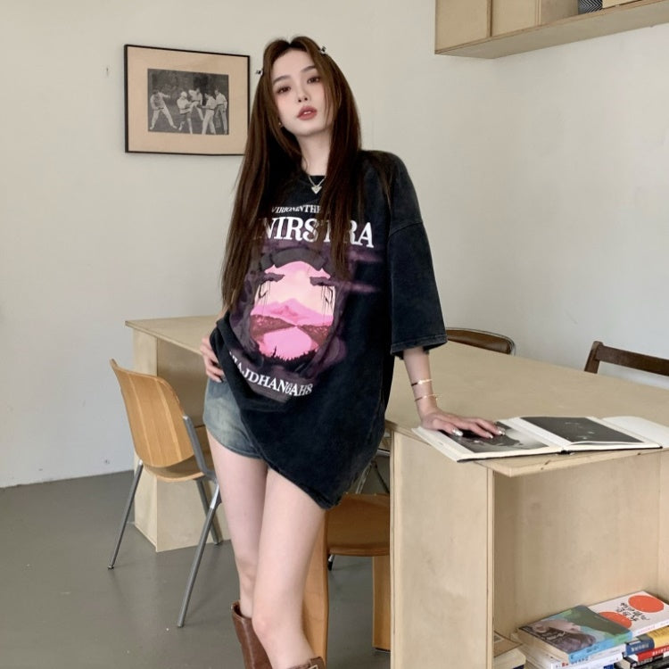 グラフィック Tシャツ レディース 韓国 ストリート プリント オーバーサイズ アメリカン ウォッシュド加工 ビッグT