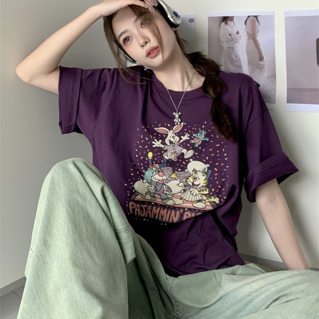 キャラクター グラフィック Tシャツ レディース 韓国 ファッション オーバーサイズ 半袖 夏 トップス パープル かわいい キャラT