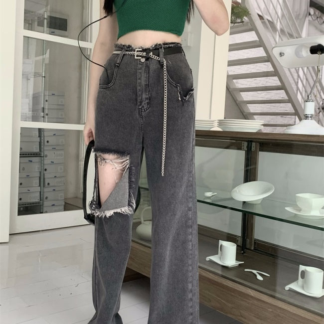 クラッシュ デニムパンツ レディース 韓国 ハードダメージ ジーンズ 穴あき ワイドデニム