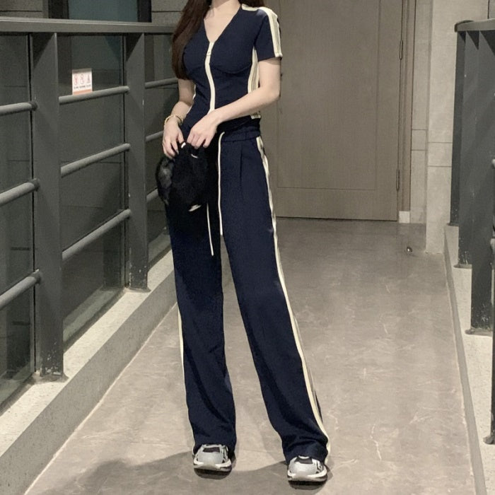 夏 カジュアル ジャージ セットアップ レディース 韓国 ファッション サイドラインパンツ 夏 スポーツ タイト スポーツウェア