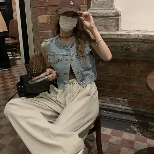 デニム ベスト ジャケット クロップド丈 レディース 韓国 ファッション レトロ かわいい ミニマム ノーカラ― デニム ノースリーブ ジャケット