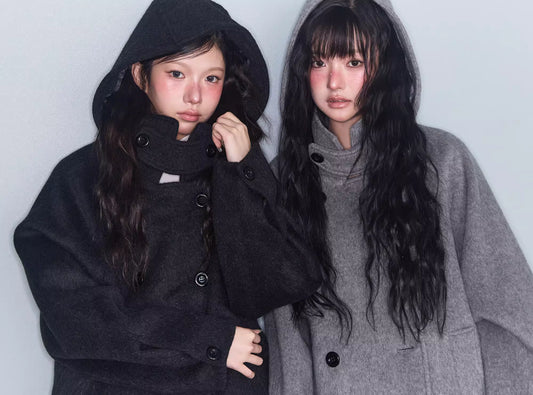 フード ショートコート ダブルボタン Pコート ゆったり オーバーサイズ アウター ブラック グレー