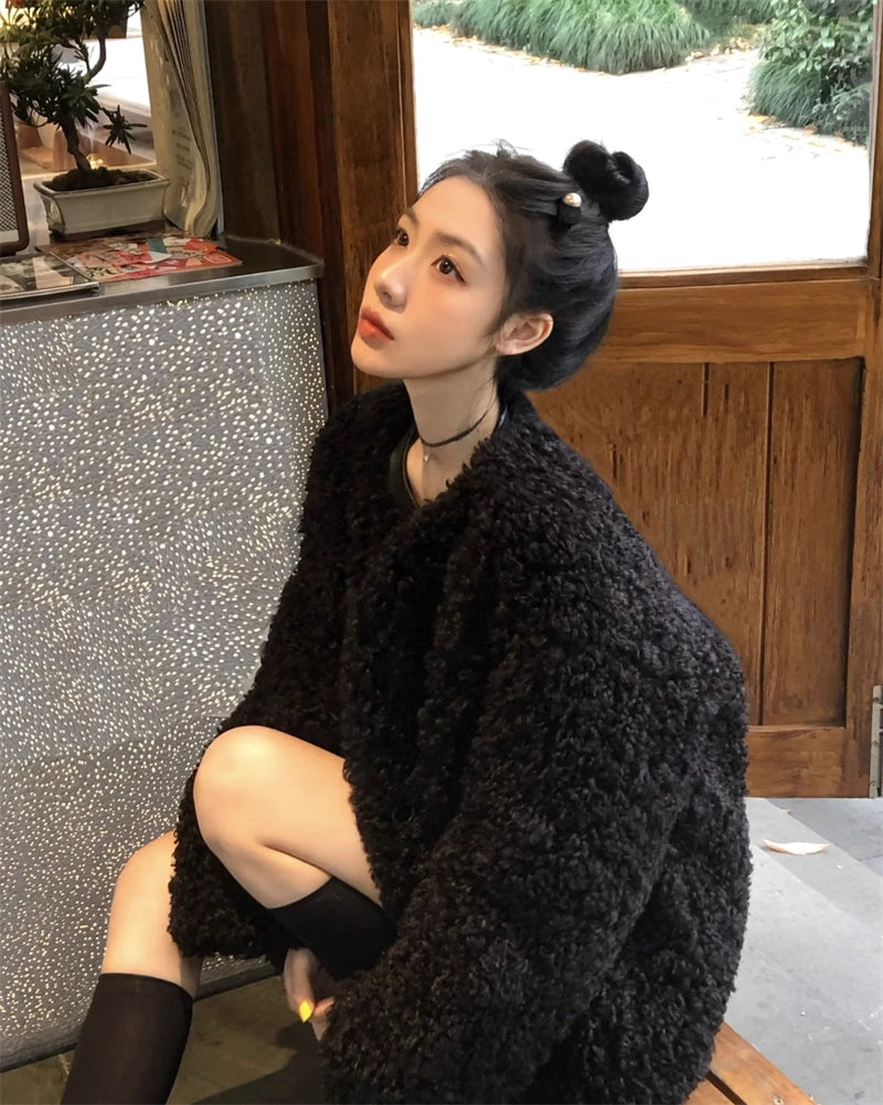 ノーカラー ボアジャケット ブラック 韓国 ファッション オーバーサイズ ボア ジップジャケット