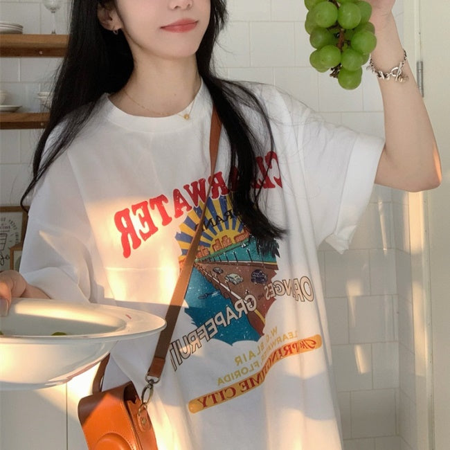 グラフィック Tシャツ レディース 韓国 ファッション 半袖 リラックス オーバーサイズ ロゴ プリント Tシャツ 夏トップス