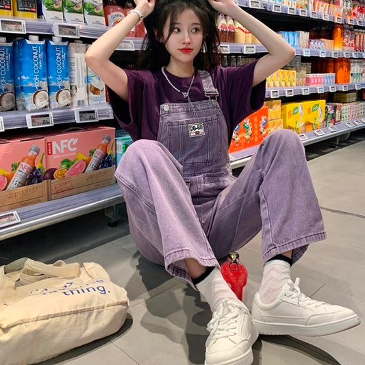 デニム オーバーオール レディース 韓国 パープル ユーズド加工 デニム サロペットパンツ 夏